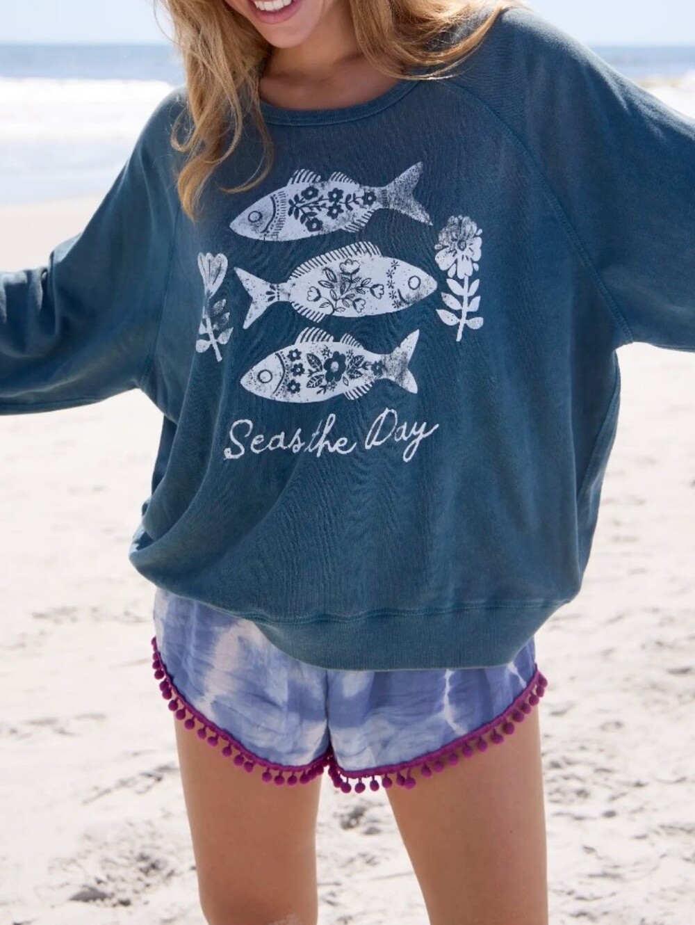 NATURAL LIFE Blue Sea the Day Fish Graphic Pullover Sweater